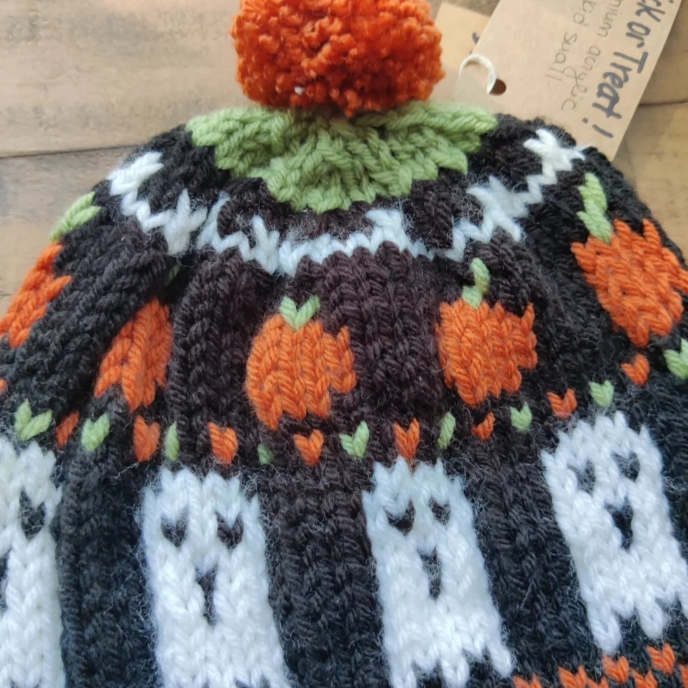 Hand knit Trick Or Treat Ghost And pumpkin Beanie - One Of A Kind